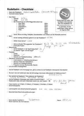 Ausgefüllte Rodelbahncheckliste